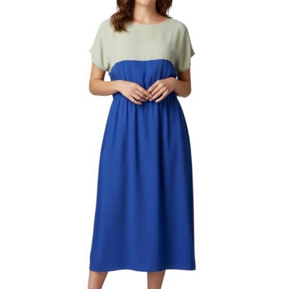VTG ROYAL SILK SHIFT DRESS Hong Kong BLUE & GRAY COLORBLOCK Dolman Sleeves L/14